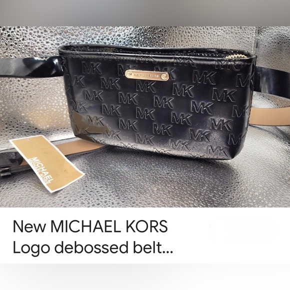 Michael Kors Handbags - Michael Kors Black Patent Embossed MK Logo Belt Bag with Gold Hardware